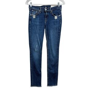Rag & Bone Women Jeans Distressed Skinny Low Rise Raw Hem Blue Wash Denim Sz 26